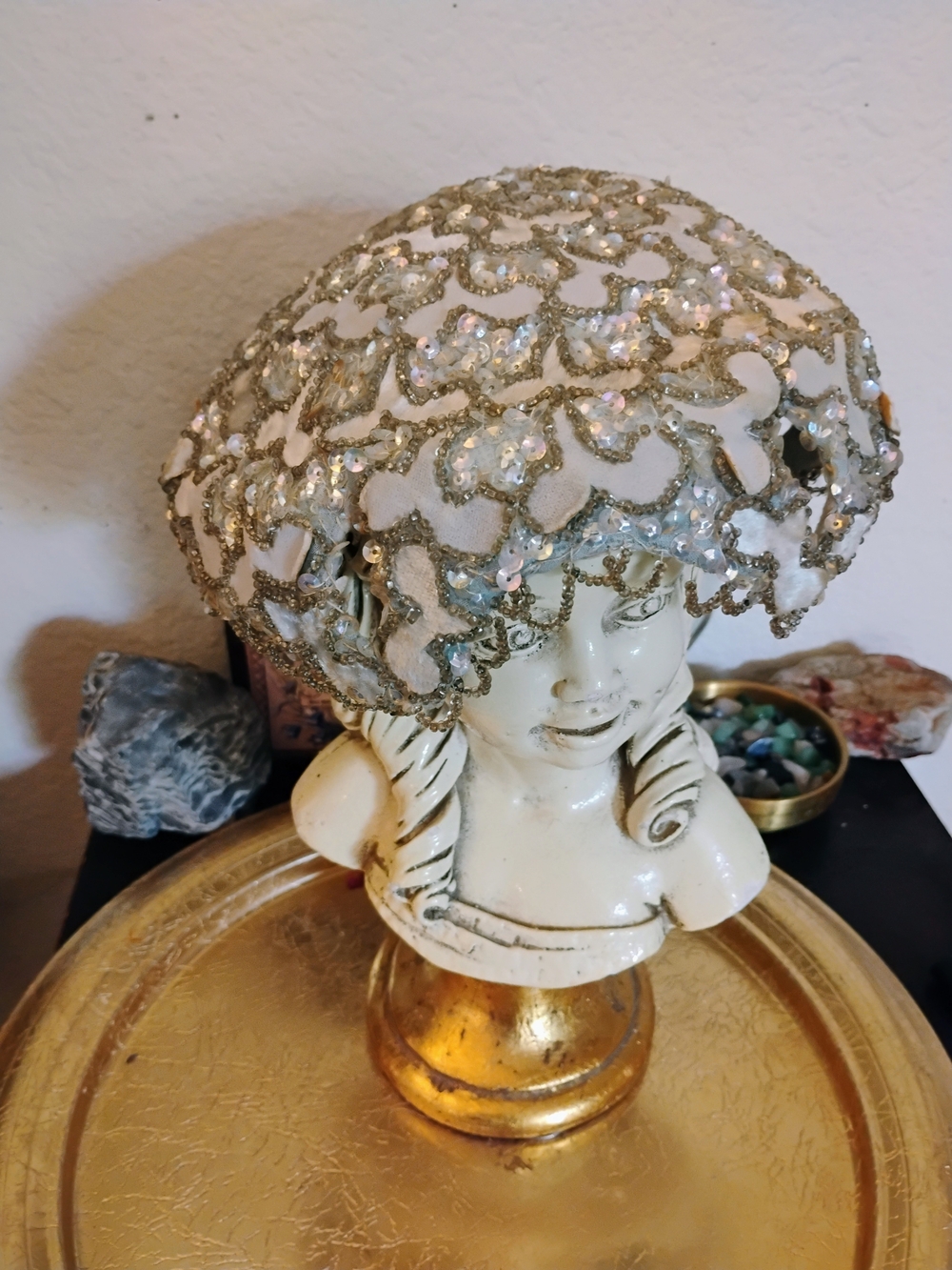 Best's Apparel Vintage Cream and Gold Sequin Embellished Decorative Hat